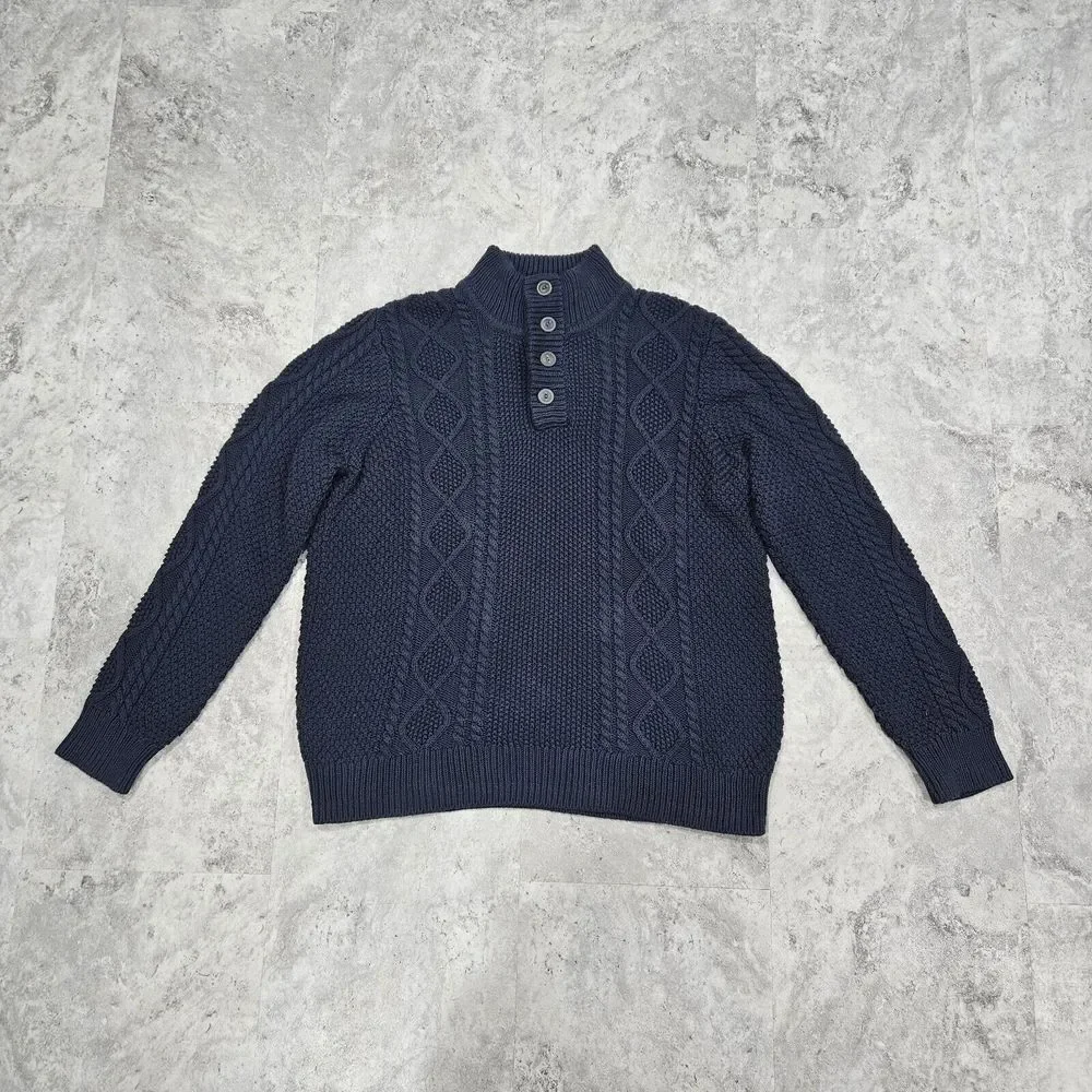 LL Bean Signature Fisherman Button Henley Sweater Blue‎ Cable Knit MENS XL Mock